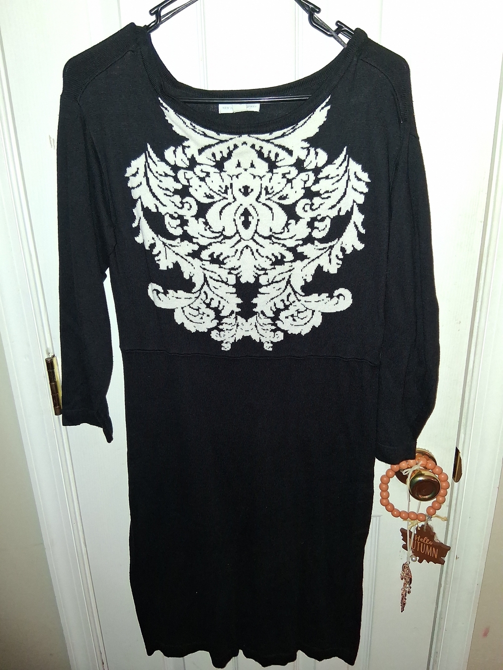 New York & Company Black Dress with White Baroque Chest Motif